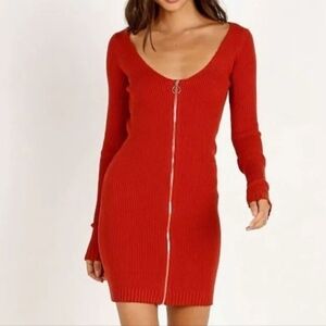 For Love And Lemons Red Ribbed Long Sleeve Dress